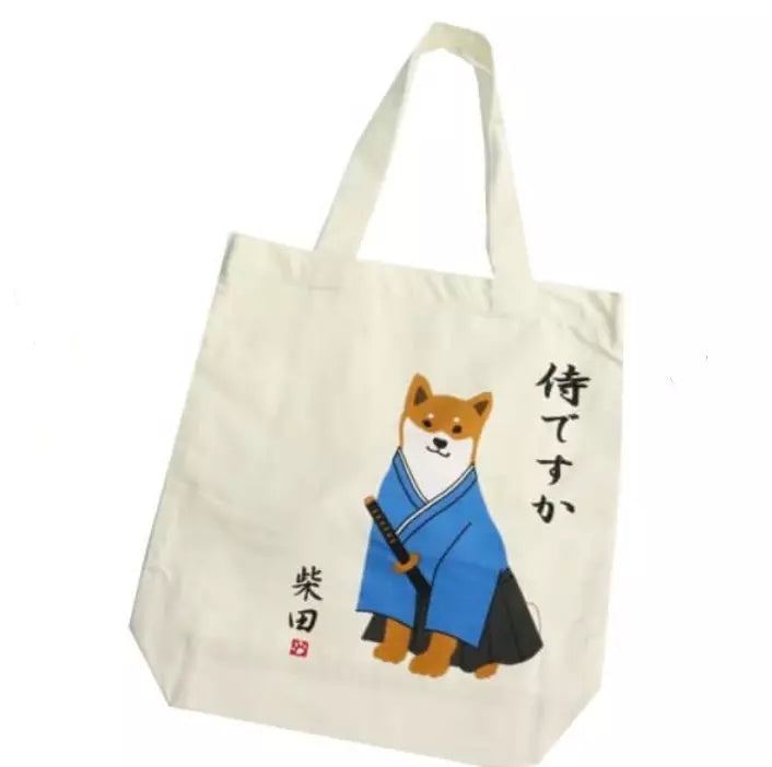 Shiba Inu "Shibata san" in Samurai Costume A4 size Cotton Tote Bag Shopping Bag