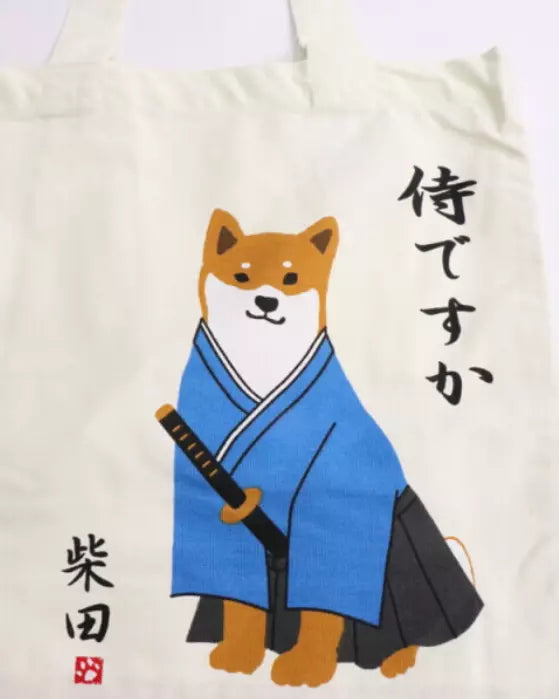 Shiba Inu "Shibata san" in Samurai Costume A4 size Cotton Tote Bag Shopping Bag