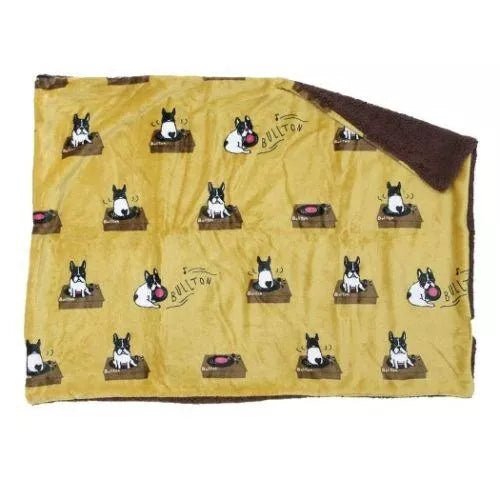 French Bulldog "Bullton" Boa-lined Blanket 29×39" Mustard Yellow NEW